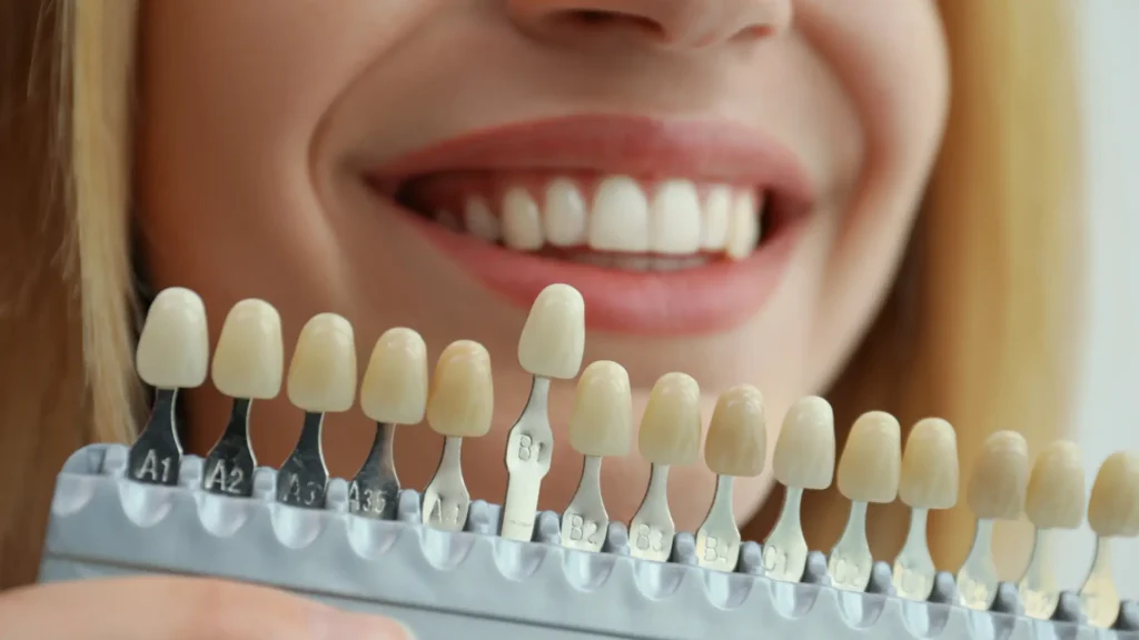Dentist holding a tooth shade guide for color selection