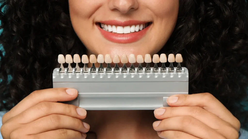 Close-up of a person smiling next to a dentist's teeth shade guide, representing tooth color matching for cosmetic treatments.