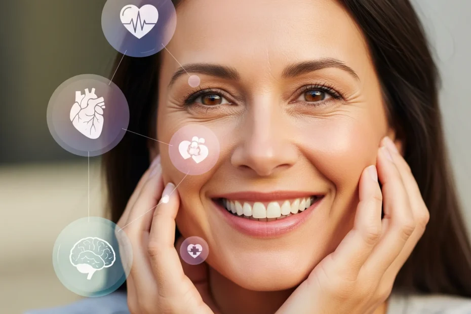 Vibrant healthy person smiling, with abstract health-related icons overlay