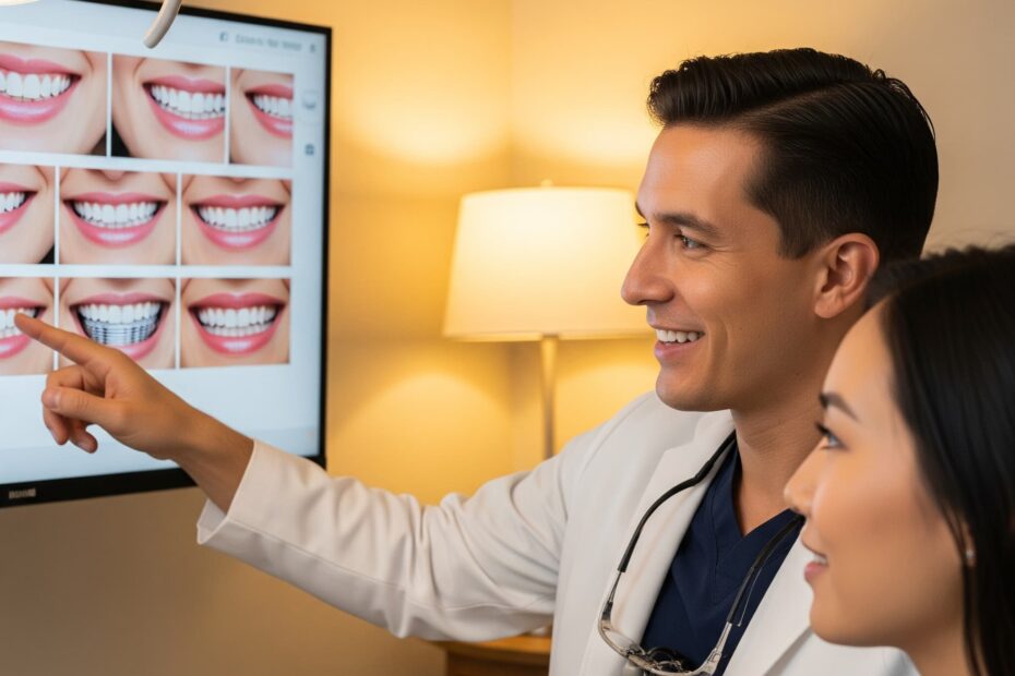 Dentist showing various cosmetic dentistry options to a patient on a screen